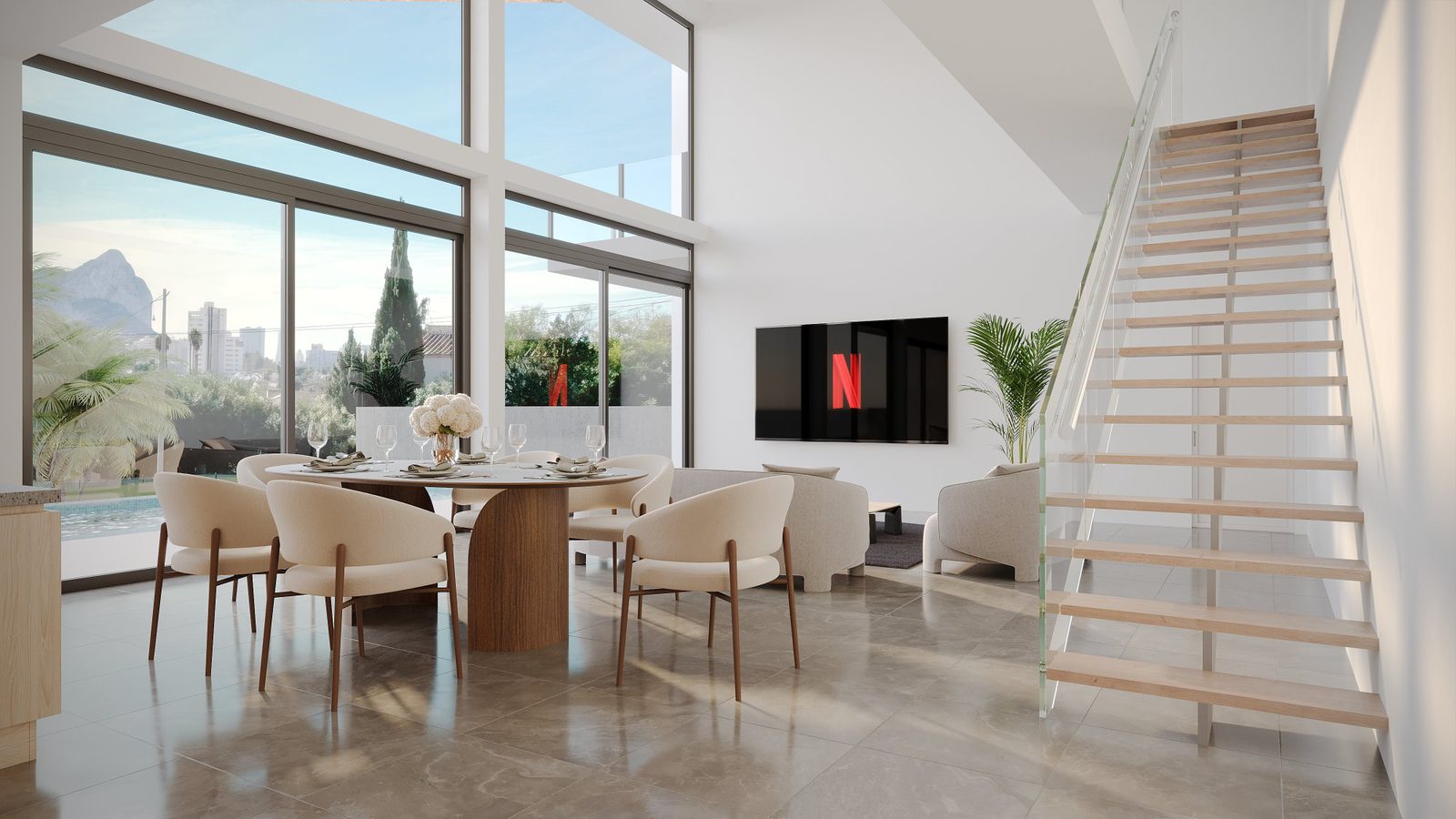 Elegant dining area with mountain views inside a 3-bedroom villa in Calpe - The Estates