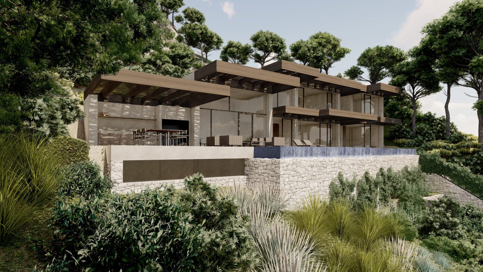 Modern villa exterior with sea views and lush greenery in Raco De Galeno, Benissa - The Estates