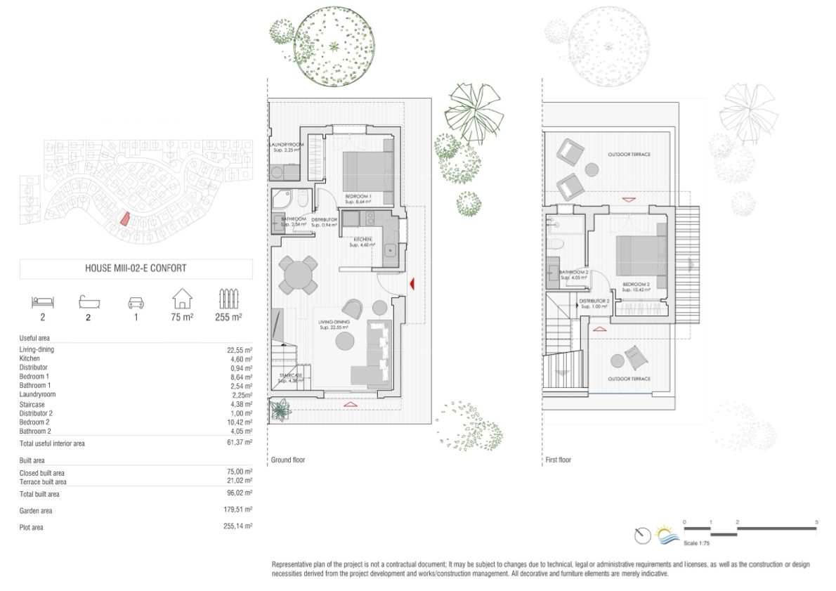 Floor plan showing the layout, terraces and garden of a 2-bedroom townhouse in Manacor - The Estates