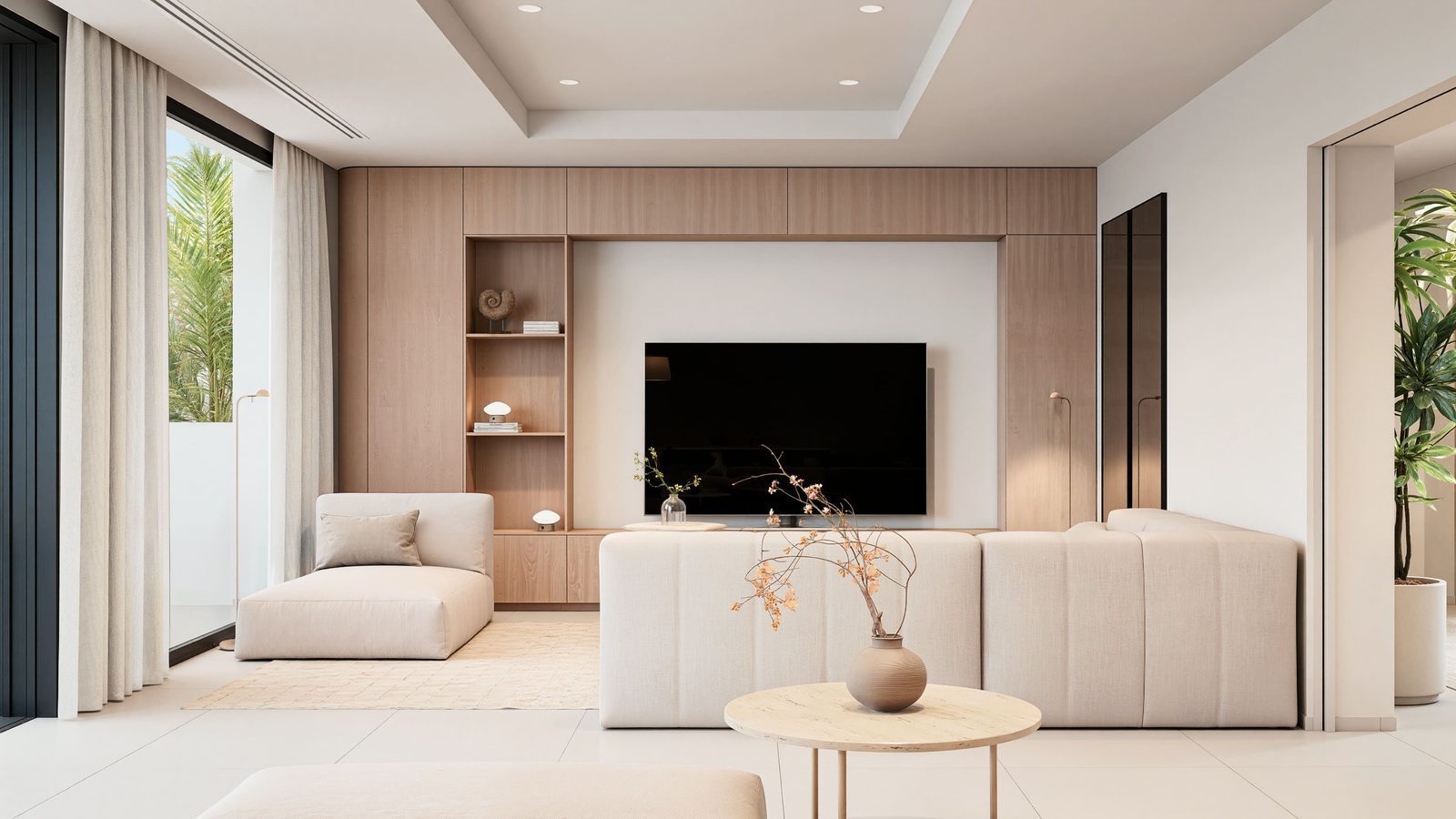 Stylish living room with modern design and large TV in a 5-bedroom villa in Altea - The Estates