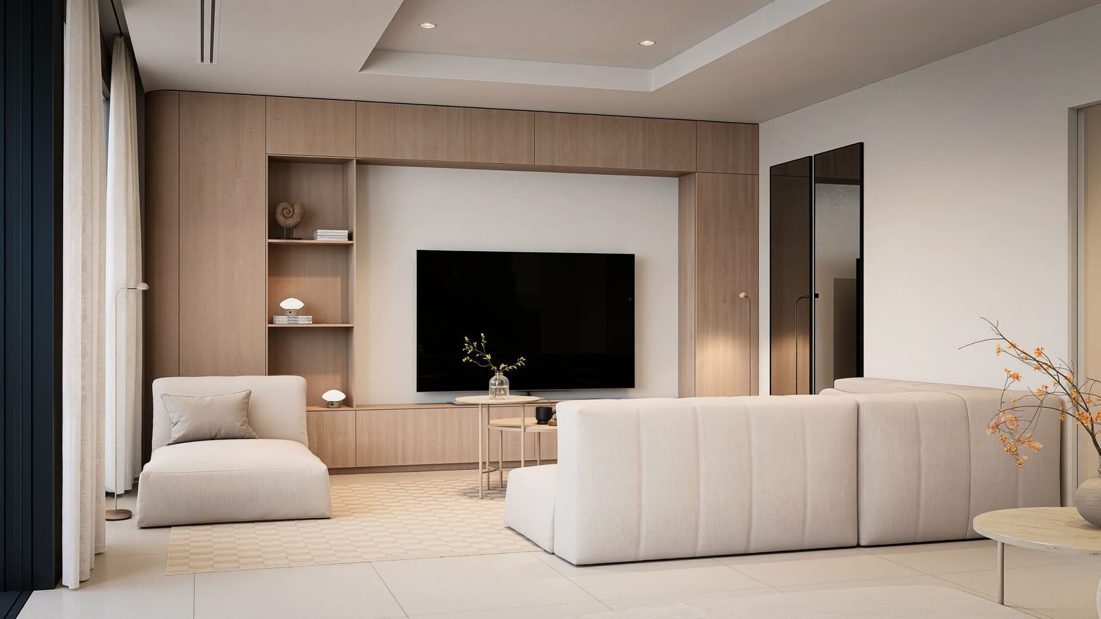 Stylish living room with built-in shelving and a large TV in a 5-bedroom villa in Altea - The Estates