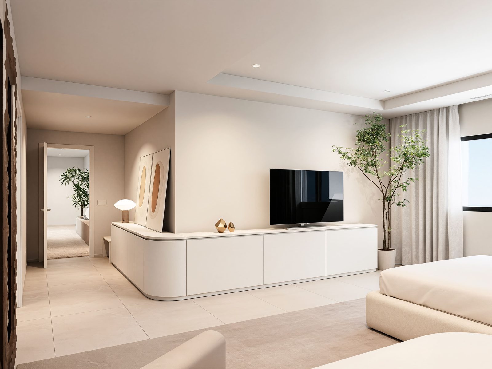 Stylish bedroom interior with a large TV and modern decor in a 5-bedroom villa in Altea - The Estates