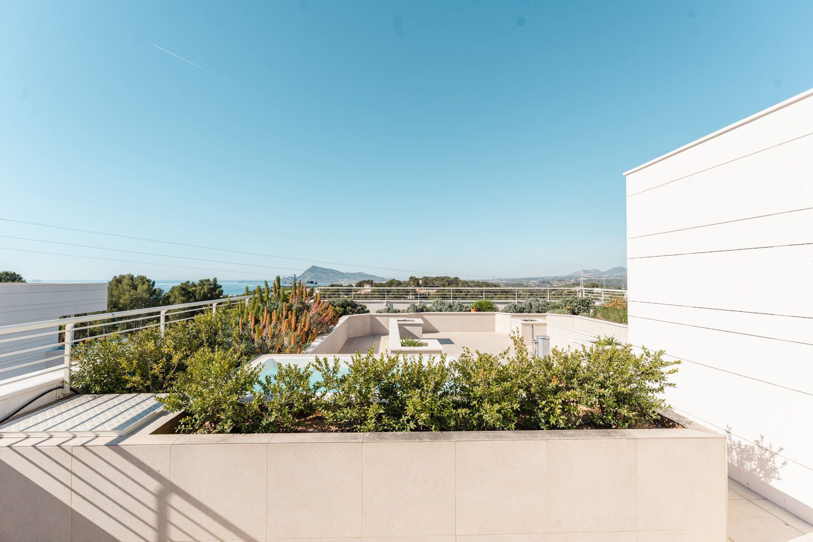 A rooftop terrace with greenery and sea views from a 5-bedroom villa in Altea - The Estates