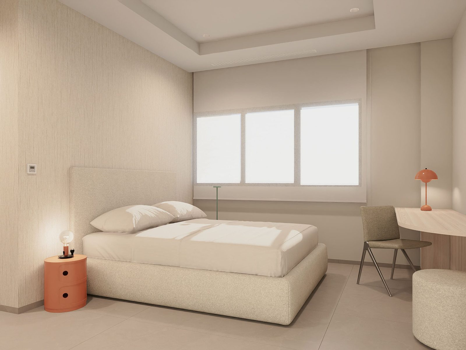 A modern bedroom with a window and stylish furniture in a 5-bedroom villa in Altea - The Estates