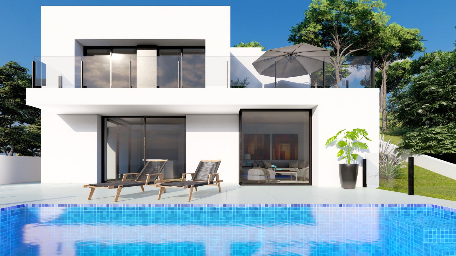 Exterior view of a modern 2-bedroom villa with a pool and terrace in Benitachell - The Estates