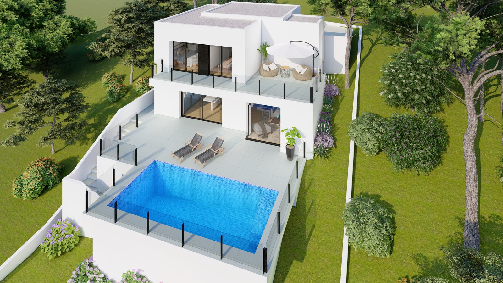 An aerial view of a modern 2-bedroom villa with a pool in Cumbre del Sol, Benitachell - The Estates