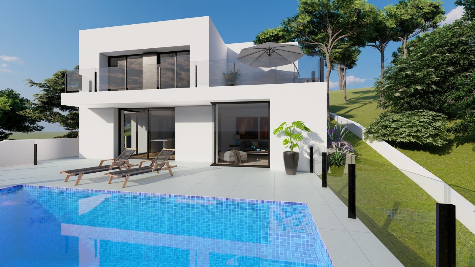 A modern villa with a pool and terrace overlooking lush greenery in Benitachell - The Estates