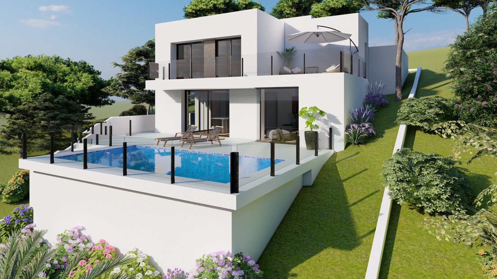 Exterior view of a modern 2-bedroom villa with a pool and garden in Benitachell - The Estates