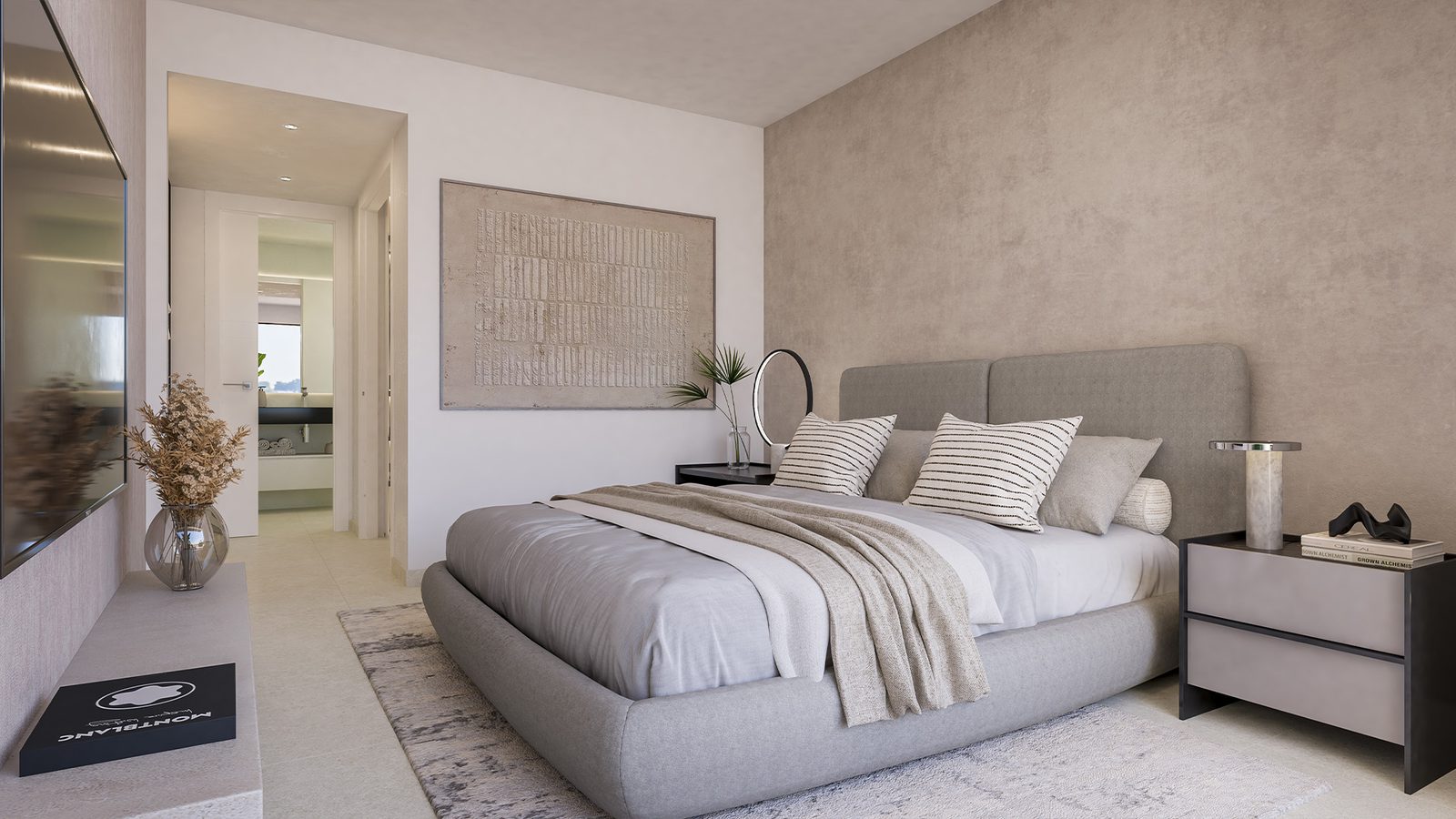 A stylish bedroom in a 3-bedroom apartment with sea and countryside views in Estepona - The Estates