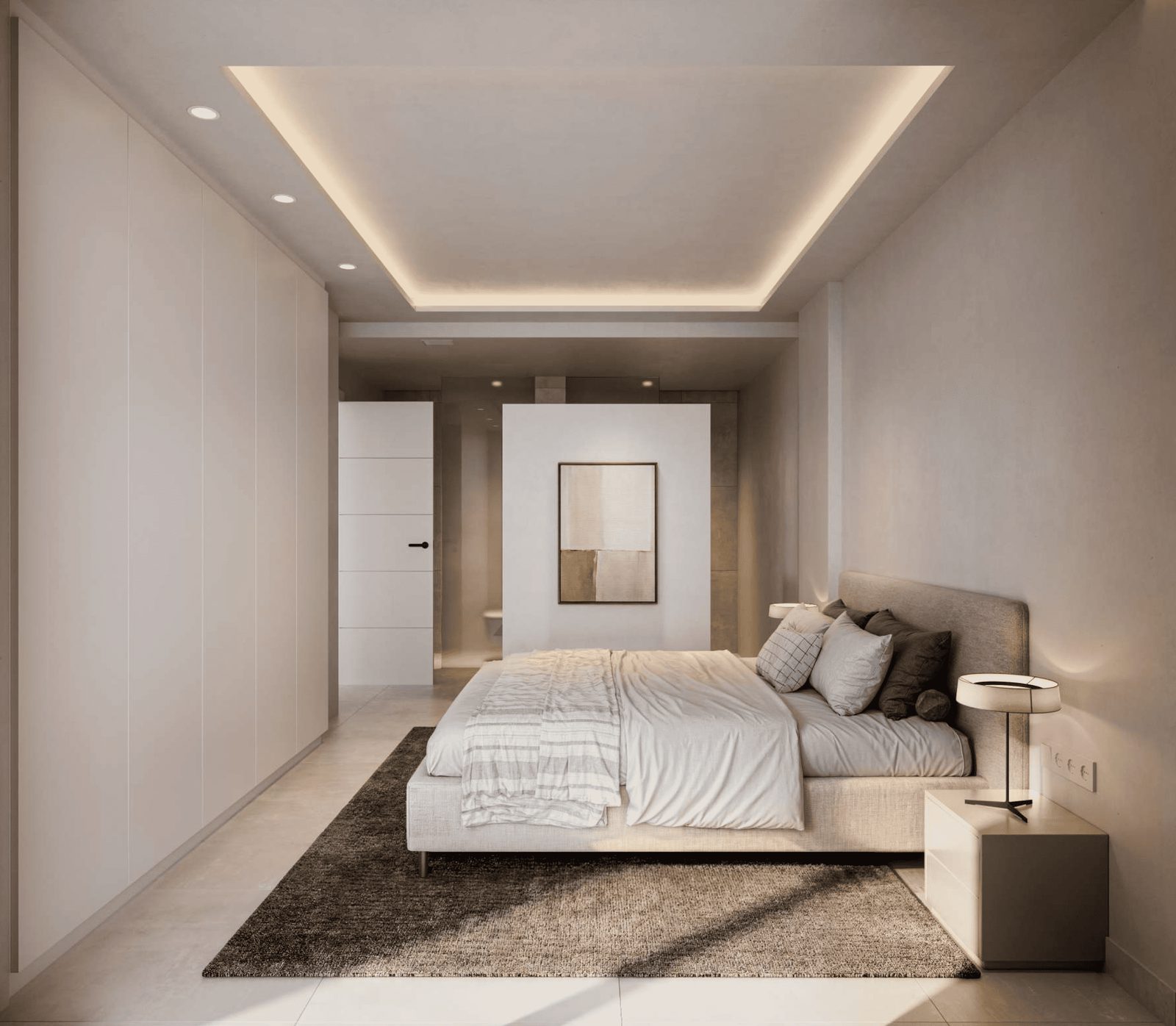 A modern bedroom with a large bed and built-in wardrobe in a 3-bedroom penthouse in Pedreguer - The Estates