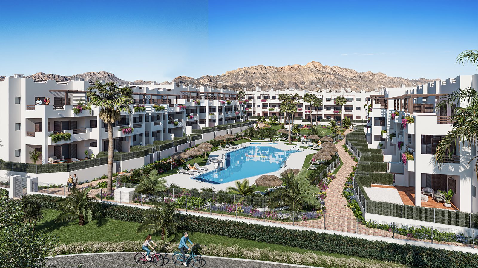 A view of the pool and landscaped gardens of a 2-bedroom bungalow in Pulpí - The Estates