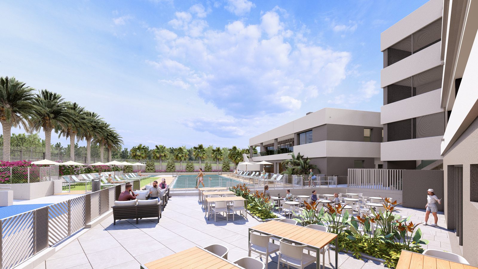 Outdoor pool and patio area of a 3-bedroom bungalow in Torrevieja - The Estates