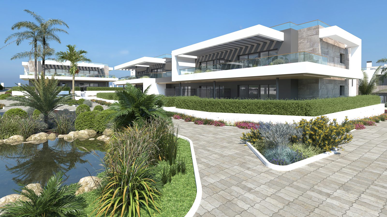 Modern exterior view of a 3-bedroom bungalow in Torrevieja, with a landscaped garden and pond - The Estates