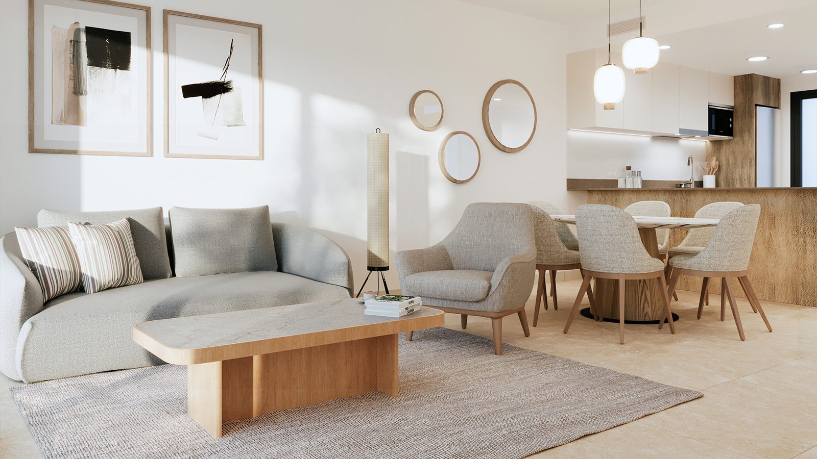 Stylish living room and dining area of a 2-bedroom bungalow in Torrevieja - The Estates