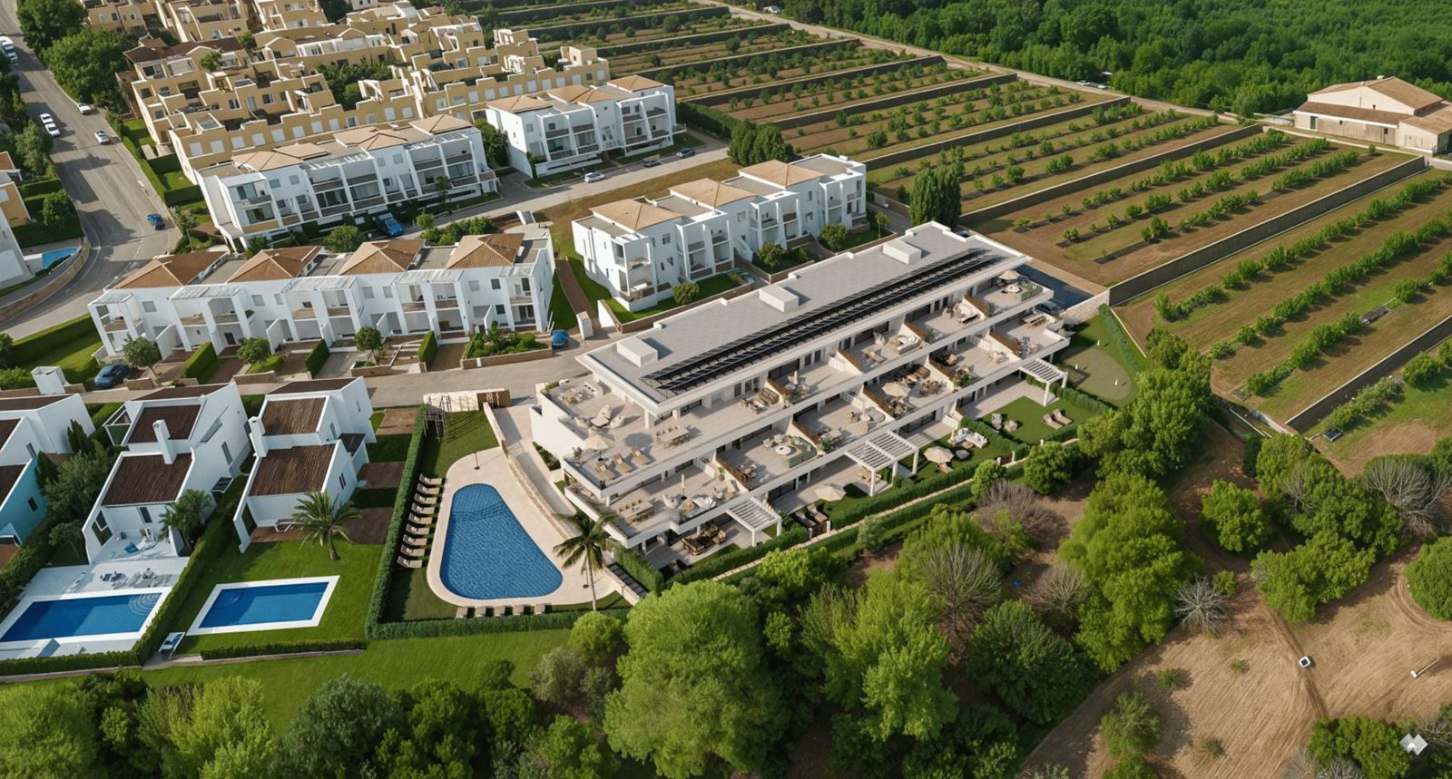Aerial view of the apartment complex and surrounding countryside, golf, and mountain views - The Estates
