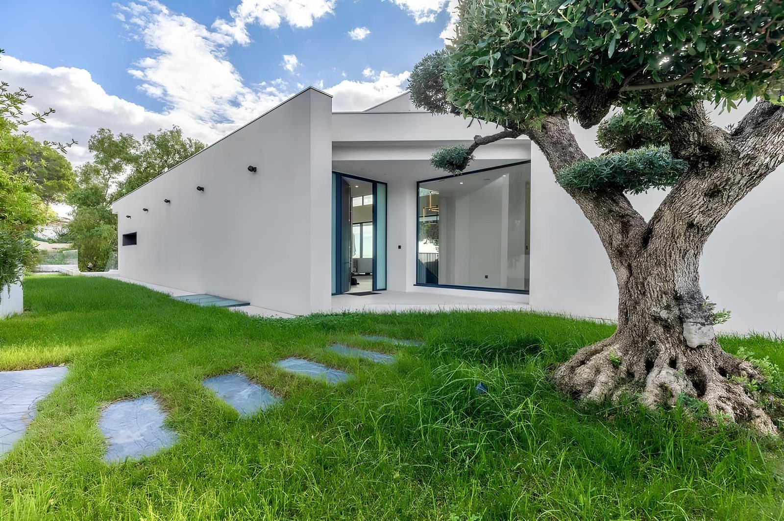 Modern villa exterior with lush green lawn and sculpted tree - The Estates