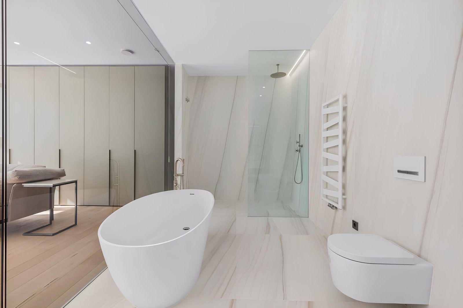 A modern bathroom with a walk-in shower and freestanding tub in a 7-bedroom villa in Altea - The Estates
