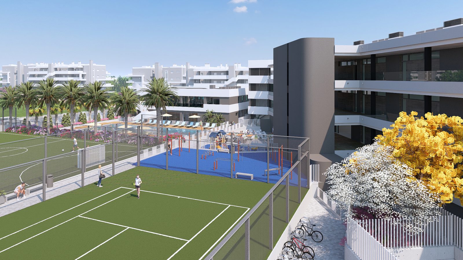 Exterior view of a 3-bedroom apartment complex with pool and sports facilities in Torrevieja - The Estates