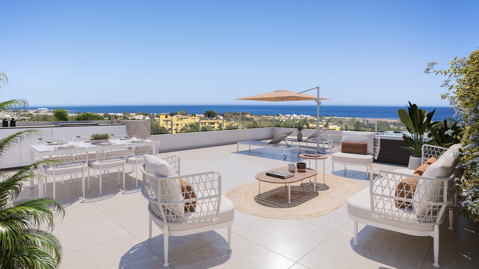 Outdoor terrace with sea and countryside views of a 3-bedroom apartment in Estepona - The Estates