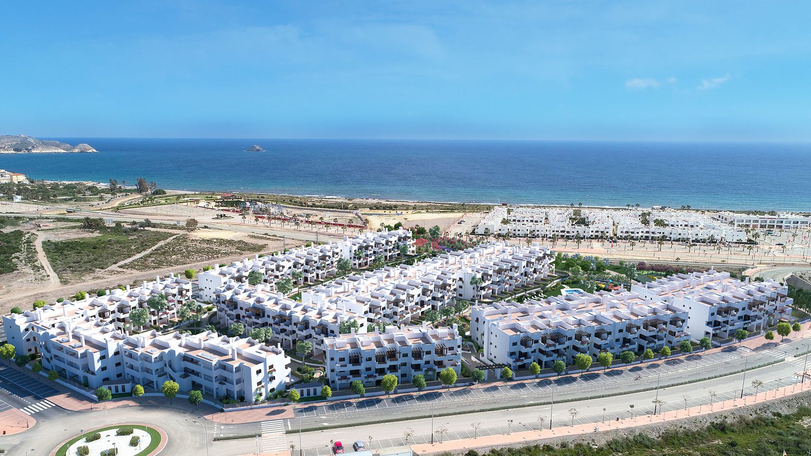 Aerial view of a coastal development featuring a 3-bedroom bungalow in Pulpí - The Estates