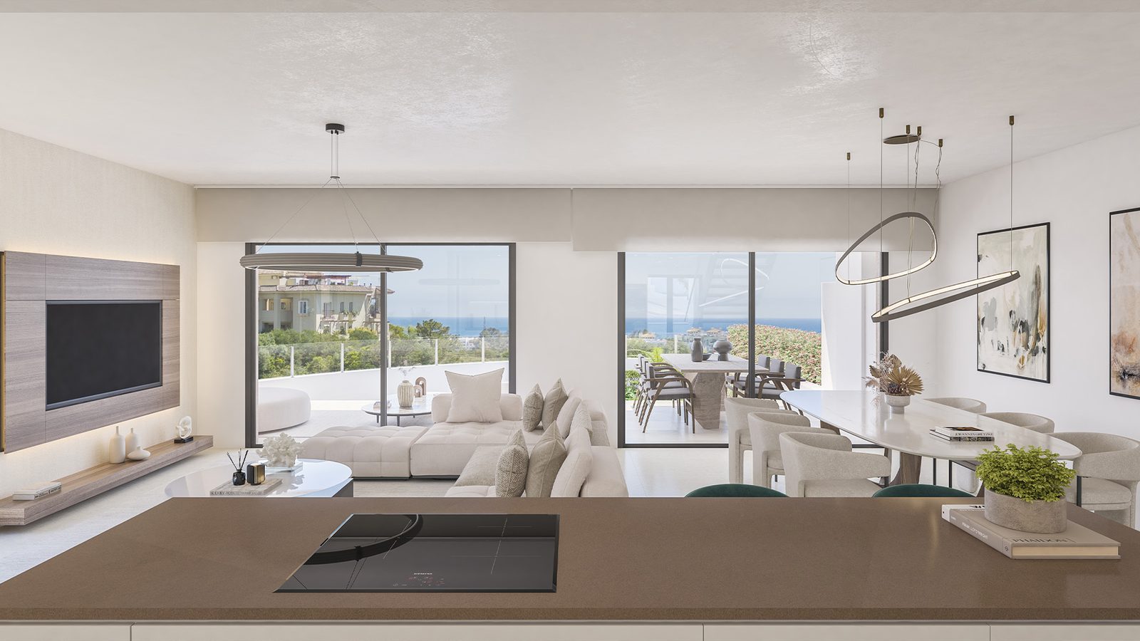Stylish living room and dining area with sea and countryside views in a 3-bedroom semi-detached in Estepona - The Estates