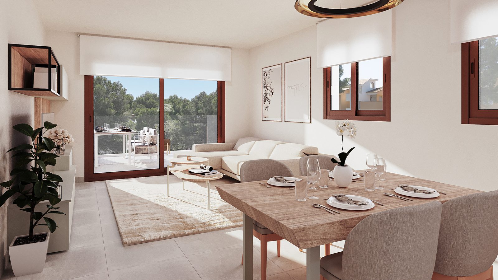 Stylish living and dining area with balcony views in a 2-bedroom apartment in Capdepera - The Estates