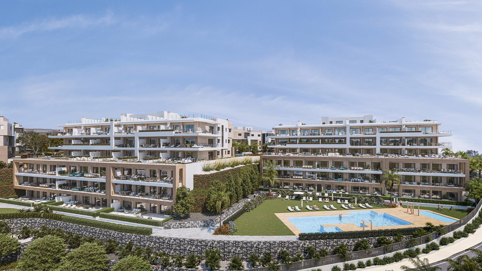 Exterior view of a modern 3-bedroom apartment complex with a pool and green space in Estepona - The Estates