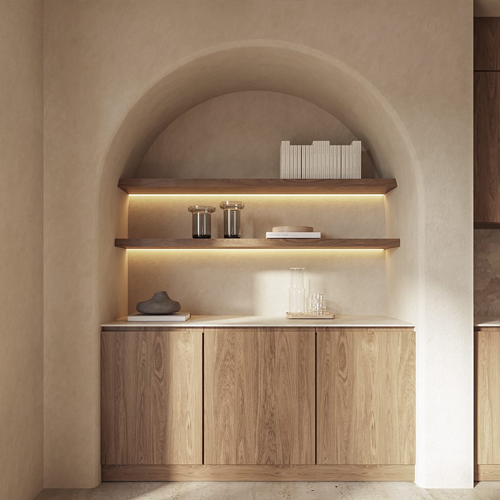 Stylish interior design with wooden shelves and lighting in a 4-bedroom villa in Altea - The Estates