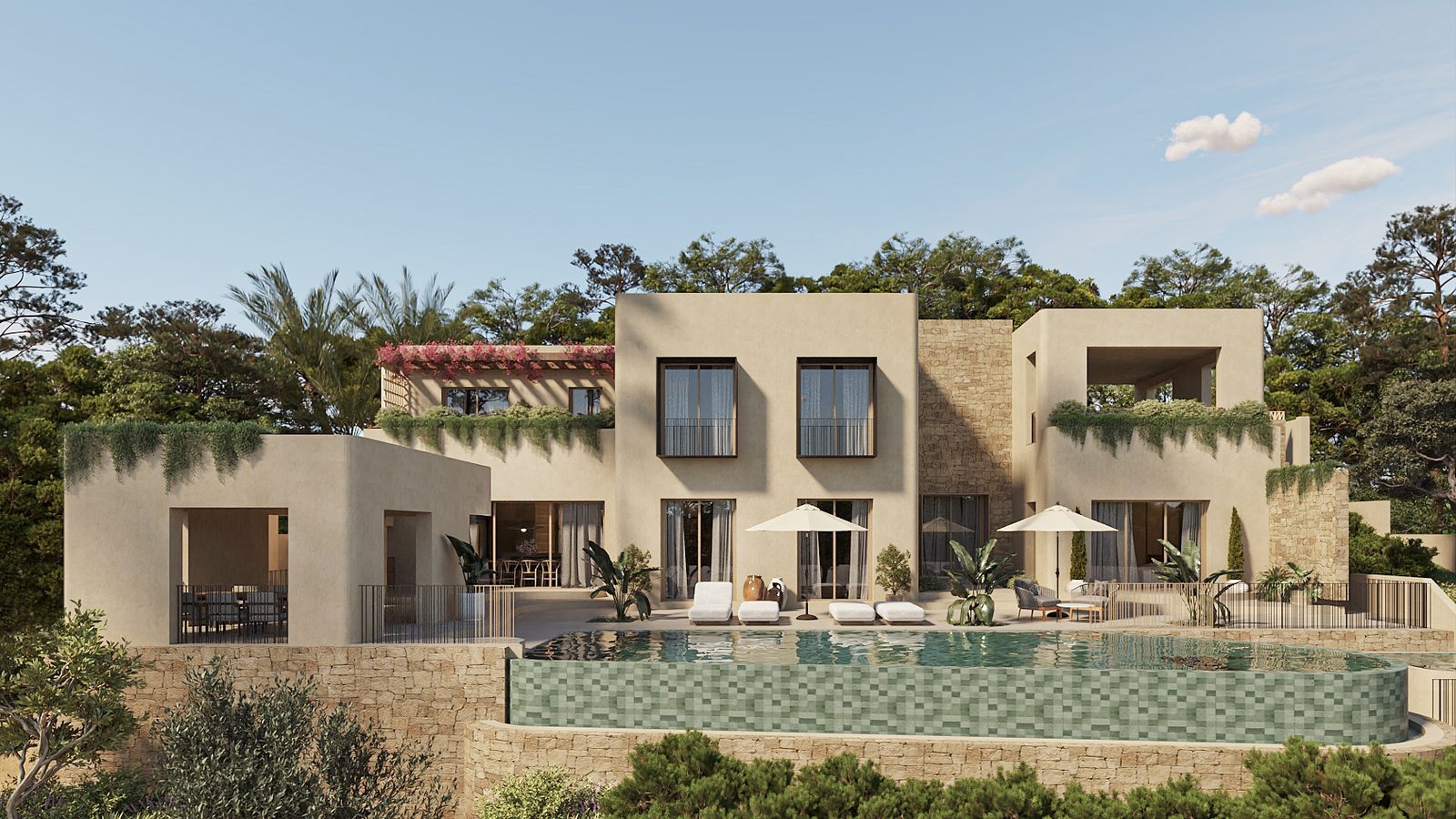 A stunning villa with a pool and lush greenery in Altea Hills, showcasing panoramic sea views - The Estates
