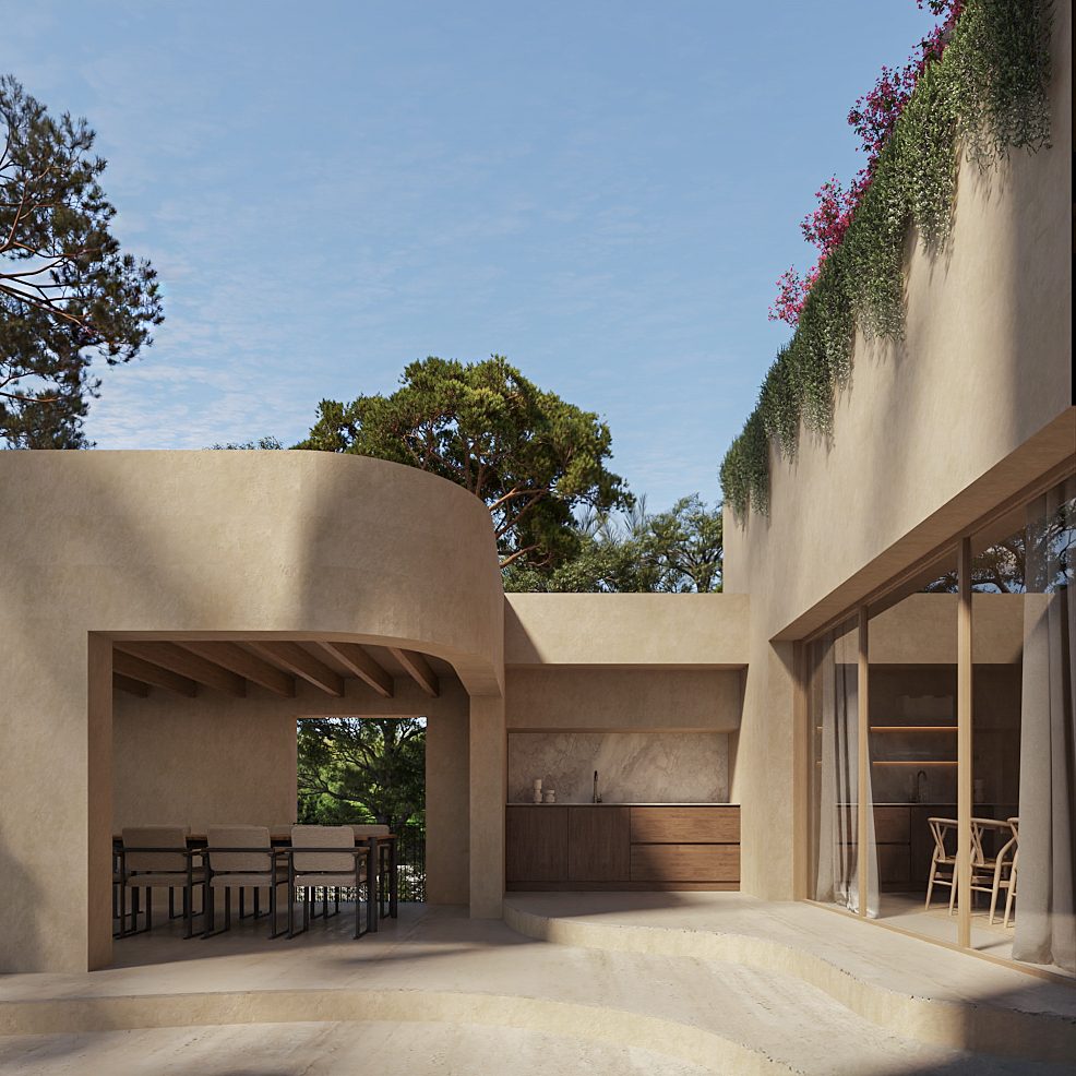 Exterior view of a modern 4-bedroom villa with lush greenery and panoramic views in Altea - The Estates