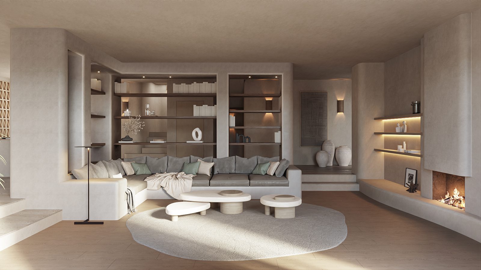 Stylish living room with a fireplace and built-in shelving in a 4-bedroom villa in Altea - The Estates
