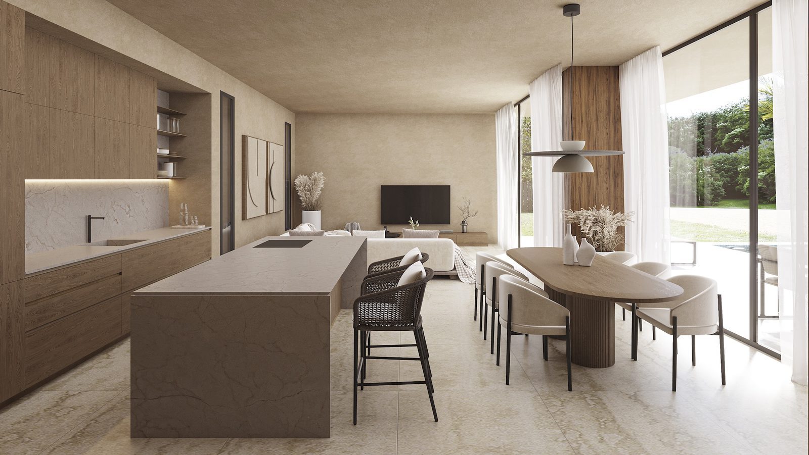 Open-plan kitchen, dining and living area with garden views