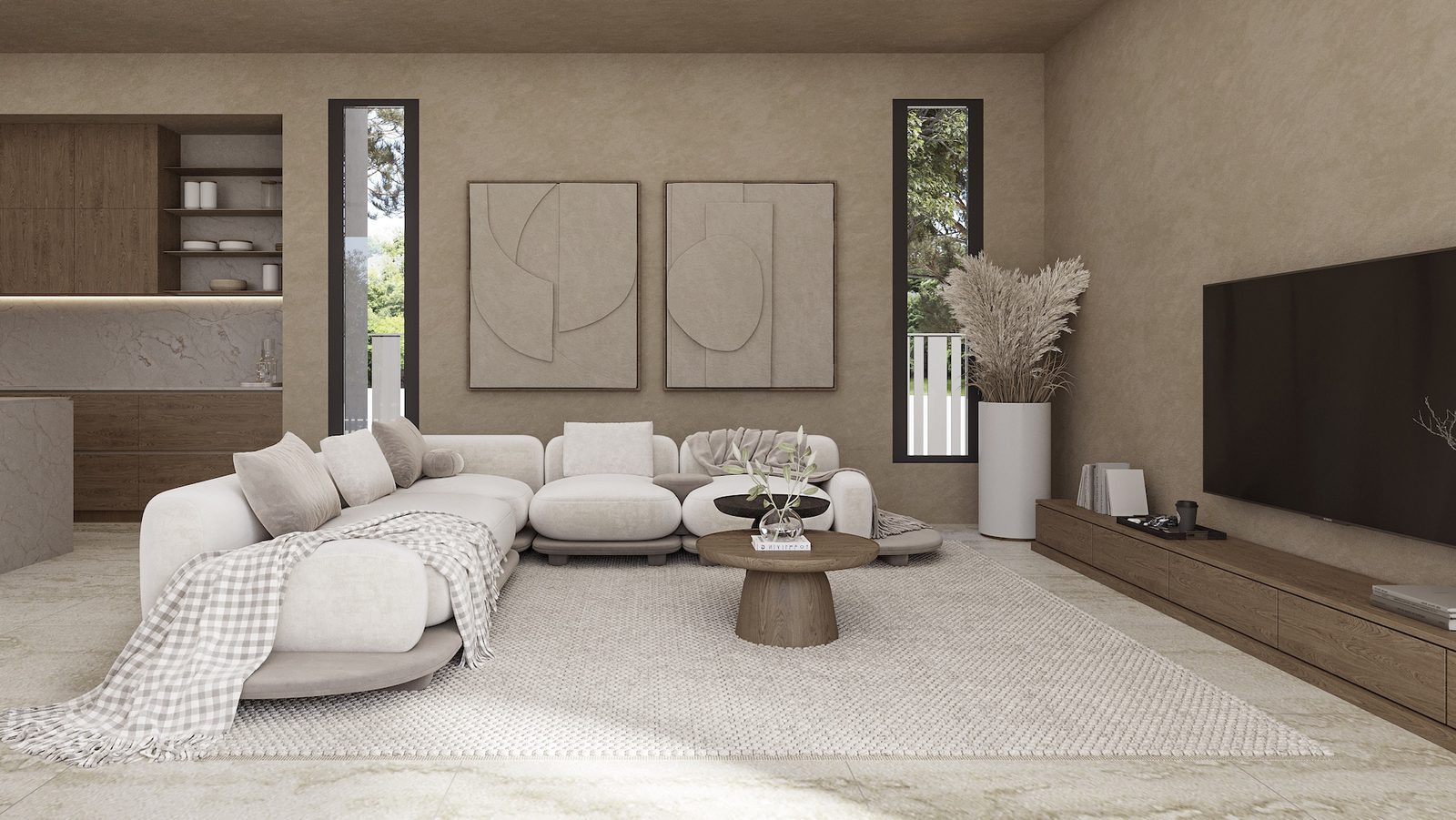 Contemporary living room with kitchen, sectional sofa and TV of a 3-bedroom villa in Calpe - The Estates