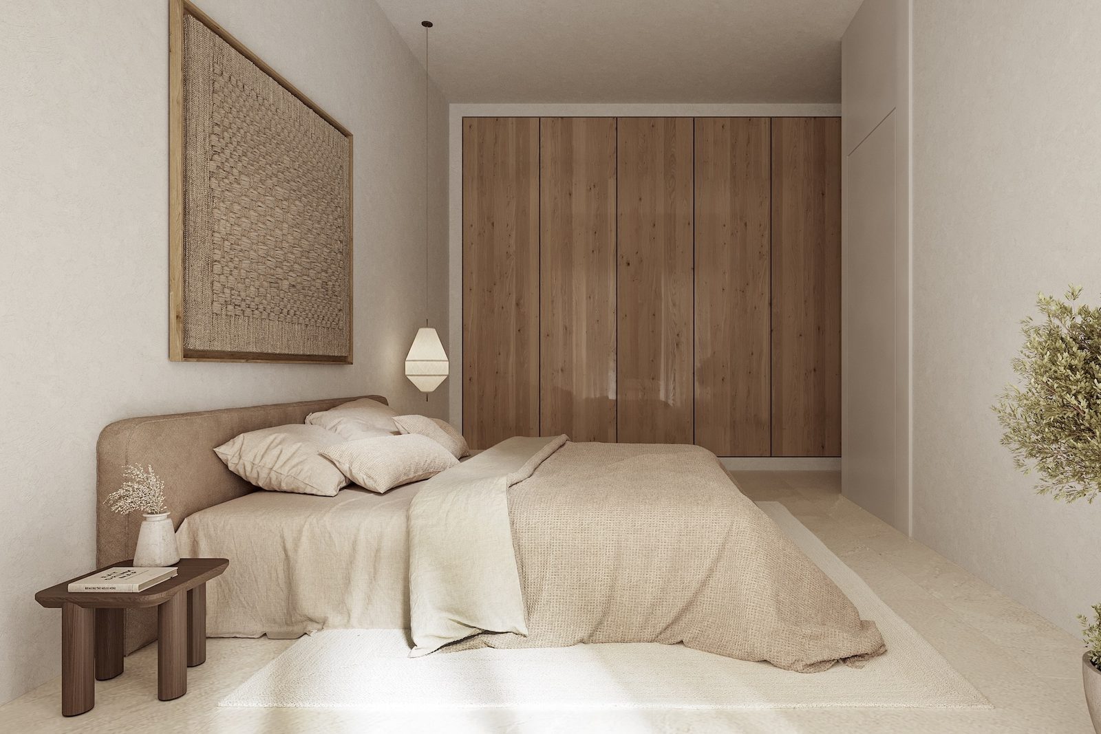 Stylish bedroom with a double bed and wooden wardrobes in a 3-bedroom villa in Calpe - The Estates