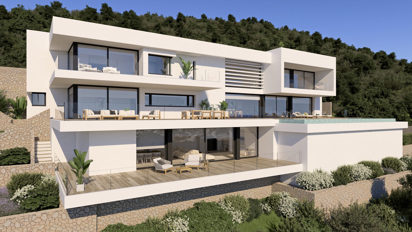 Exterior view of a modern 5-bedroom villa with sea views in Benitachell - The Estates