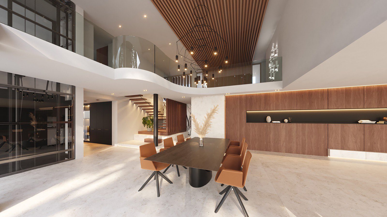 Stylish dining area with modern staircase in a 5-bedroom villa in Benitachell - The Estates