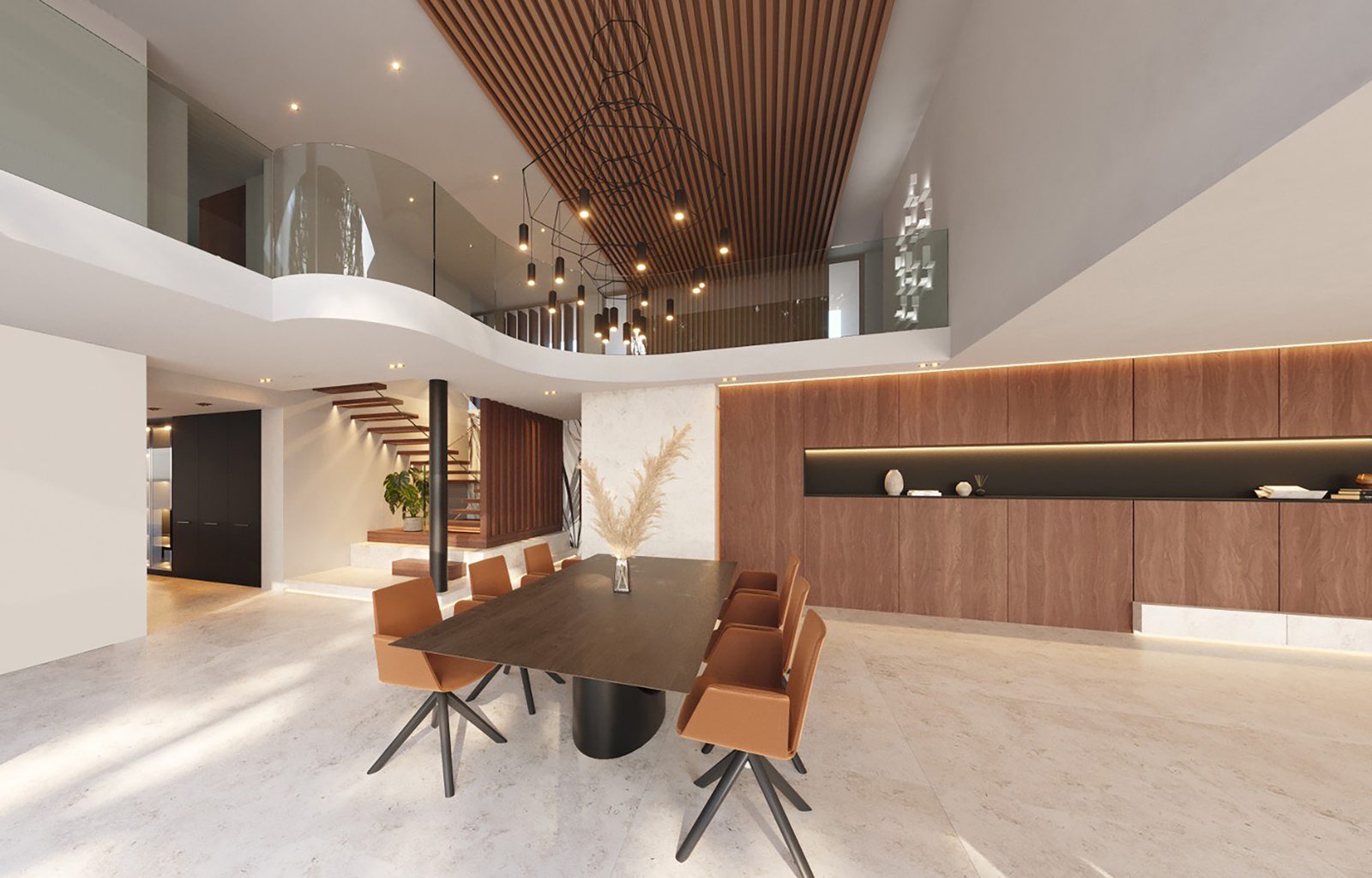 Modern dining area with a double-height ceiling and stylish staircase in a 5-bedroom villa in Benitachell - The Estates