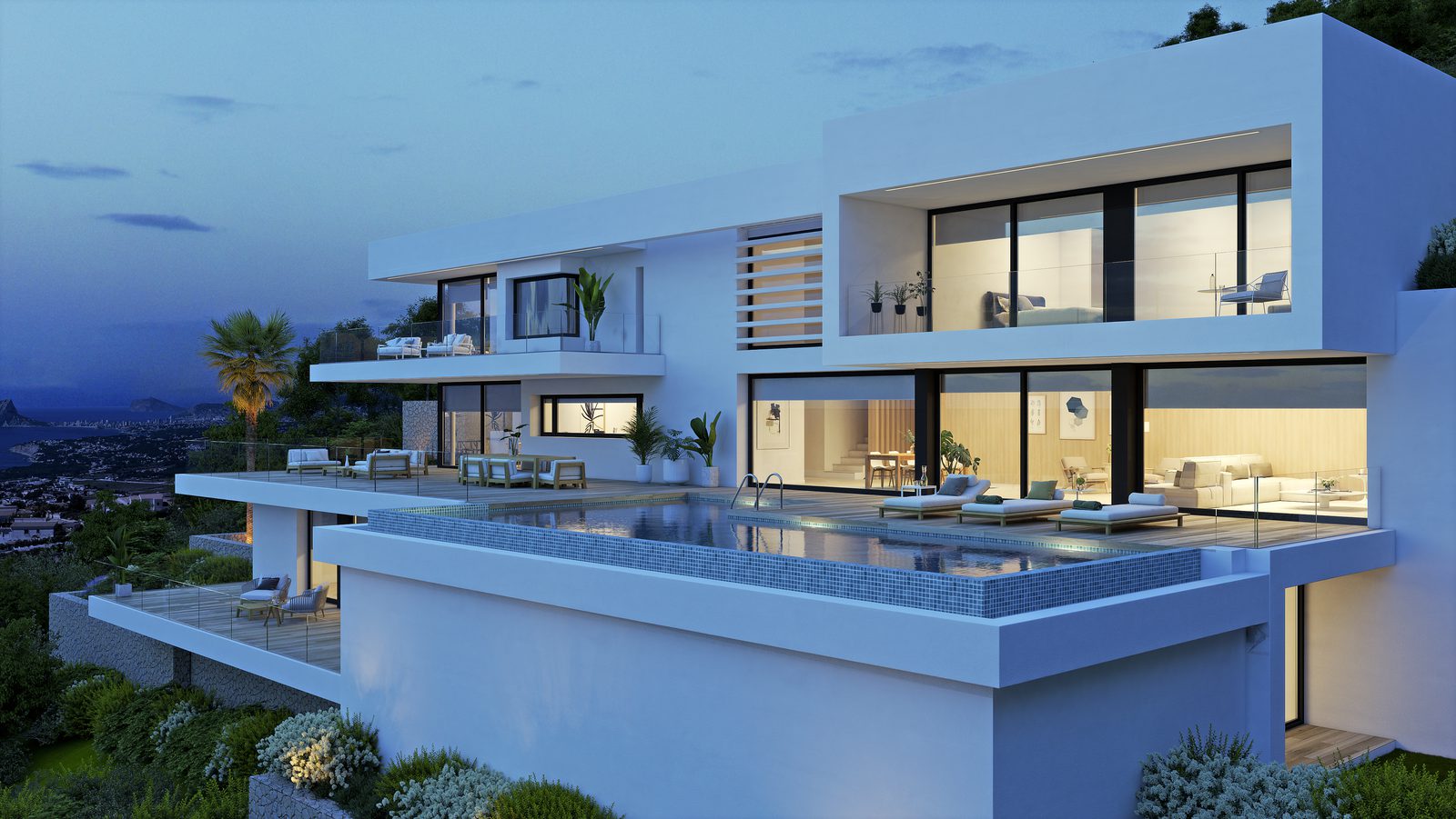 Exterior view of a modern 5-bedroom villa with a pool and sea views in Benitachell - The Estates