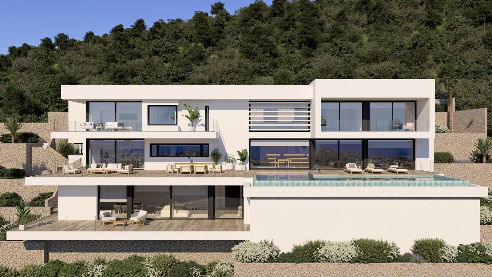 Modern villa exterior with sea views and a pool in Benitachell - The Estates
