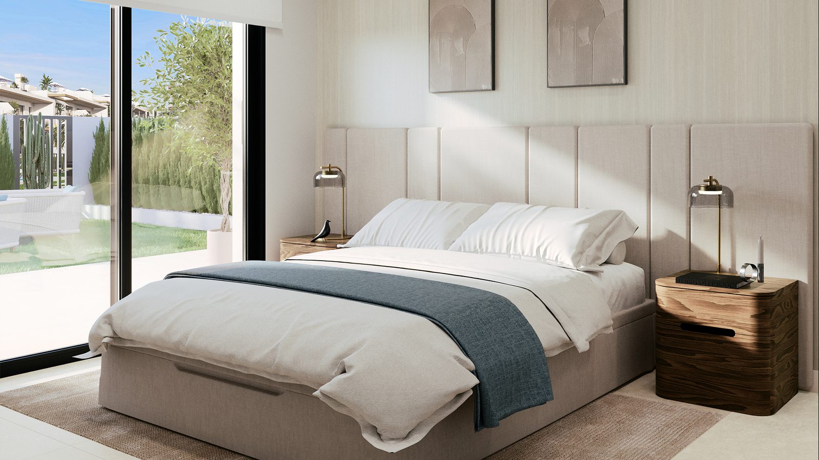 A stylish bedroom with garden views inside a 2-bedroom bungalow in Torrevieja - The Estates