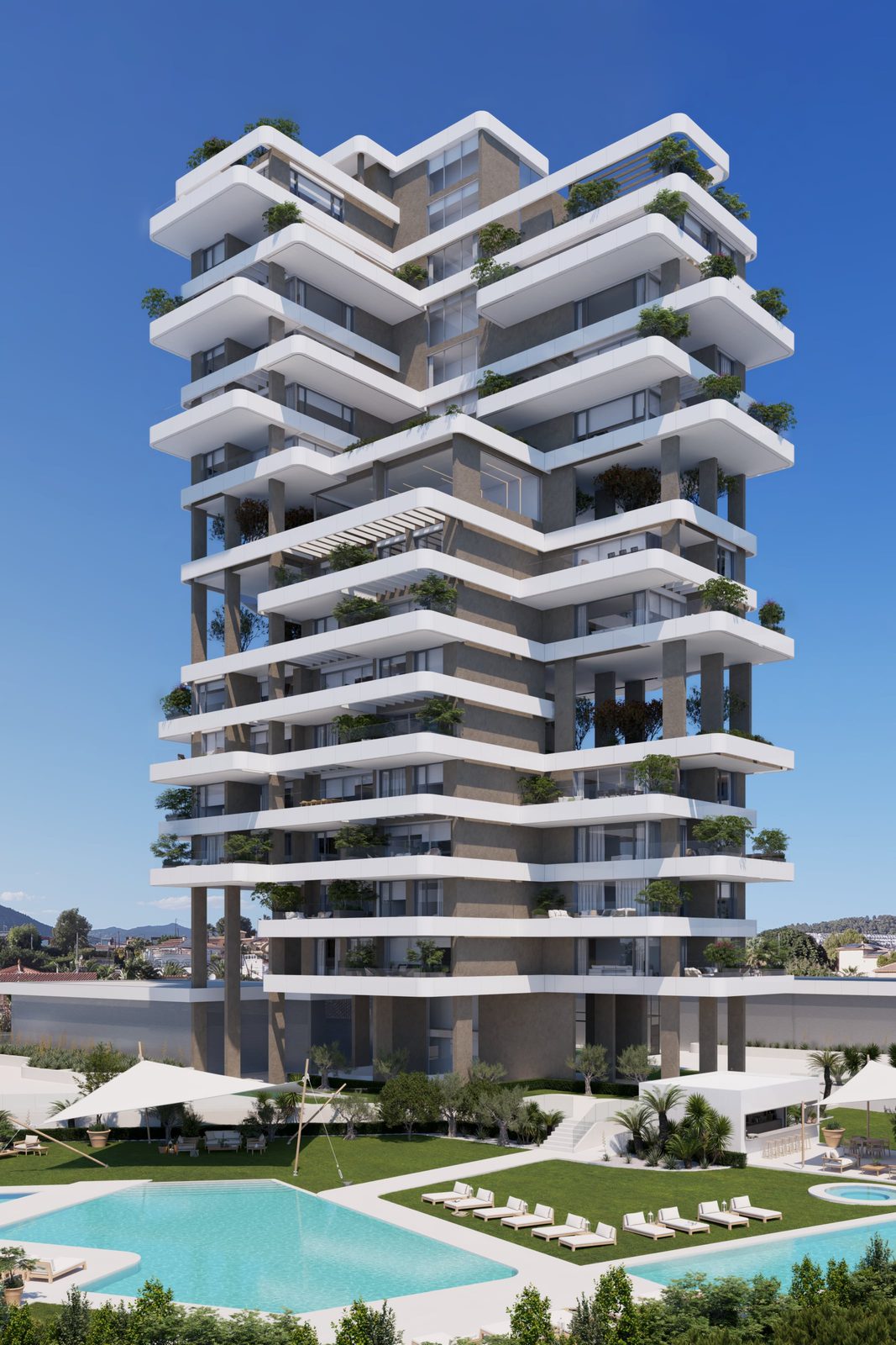 Exterior view of a modern 3-bedroom apartment building with sea views in Calpe - The Estates