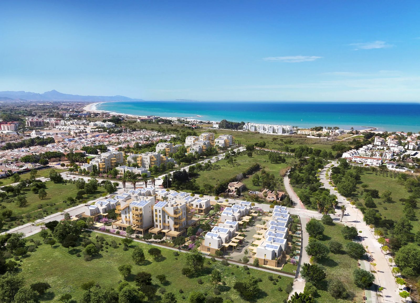 Aerial view of a 3-bedroom townhouse in El Verger with a garden and coastal views - The Estates