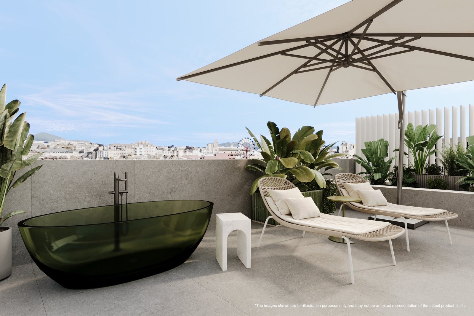Rooftop terrace with freestanding bathtub, sun loungers, plants and city views at a 2-bedroom apartment in Portixol - The Estates
