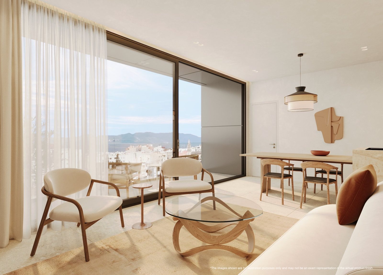 Bright living and dining area with marina and mountain views in a 2-bedroom apartment in Portixol - The Estates