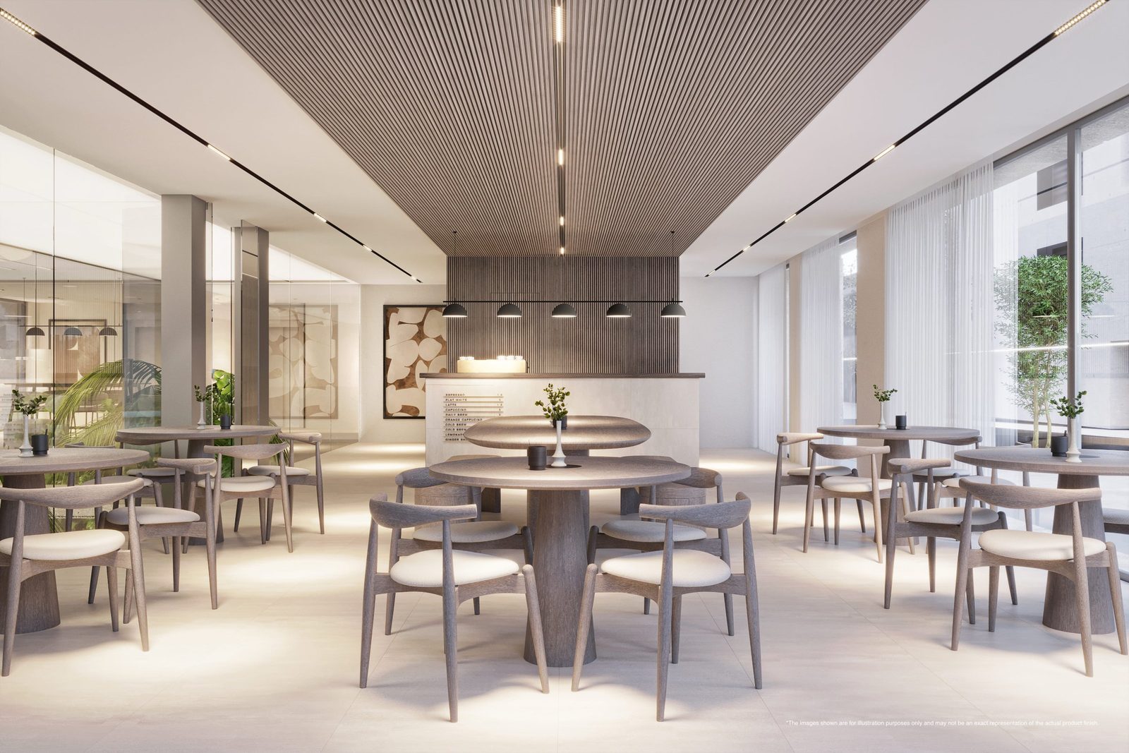 Contemporary residents’ lounge and café with dining tables of a 2-bedroom apartment in Portixol - The Estates