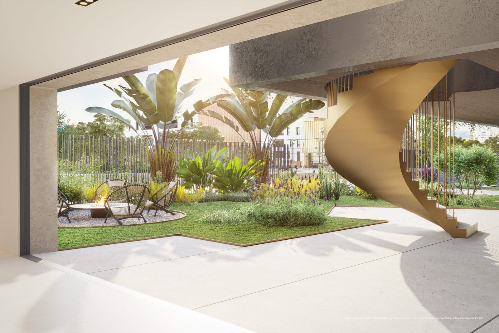 Landscaped courtyard garden with spiral staircase and fire pit at a 2-bedroom apartment in Portixol - The Estates