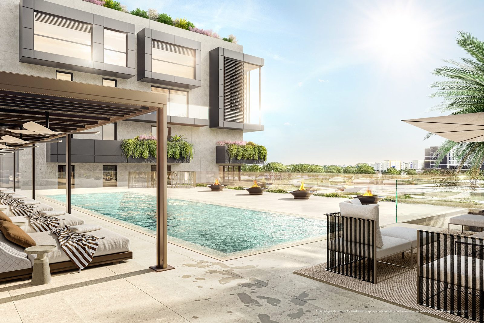 Communal pool terrace with loungers and landscaped courtyard of a 2-bedroom apartment in Portixol
