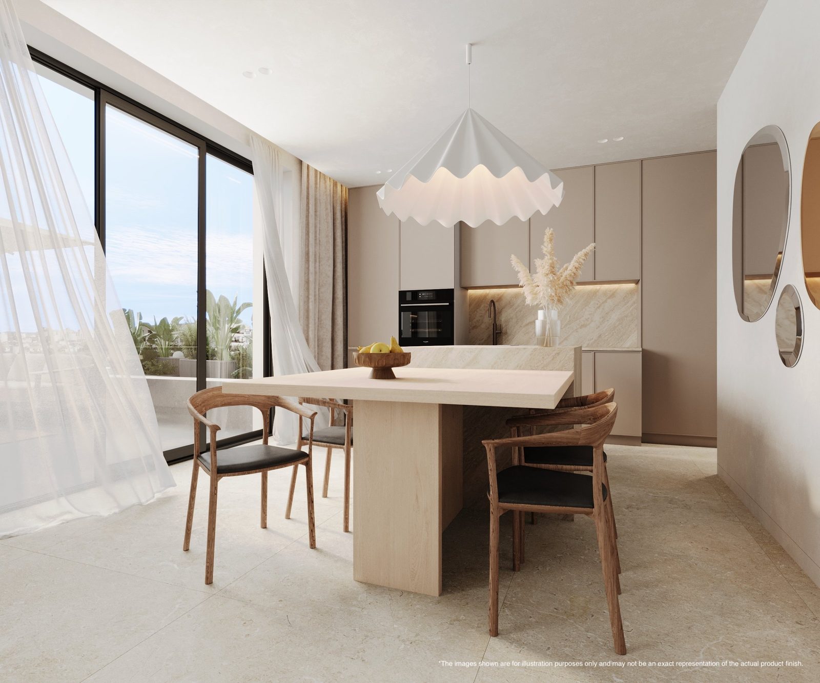 Modern kitchen and dining island with marina views in a 2-bedroom apartment in Portixol - The Estates