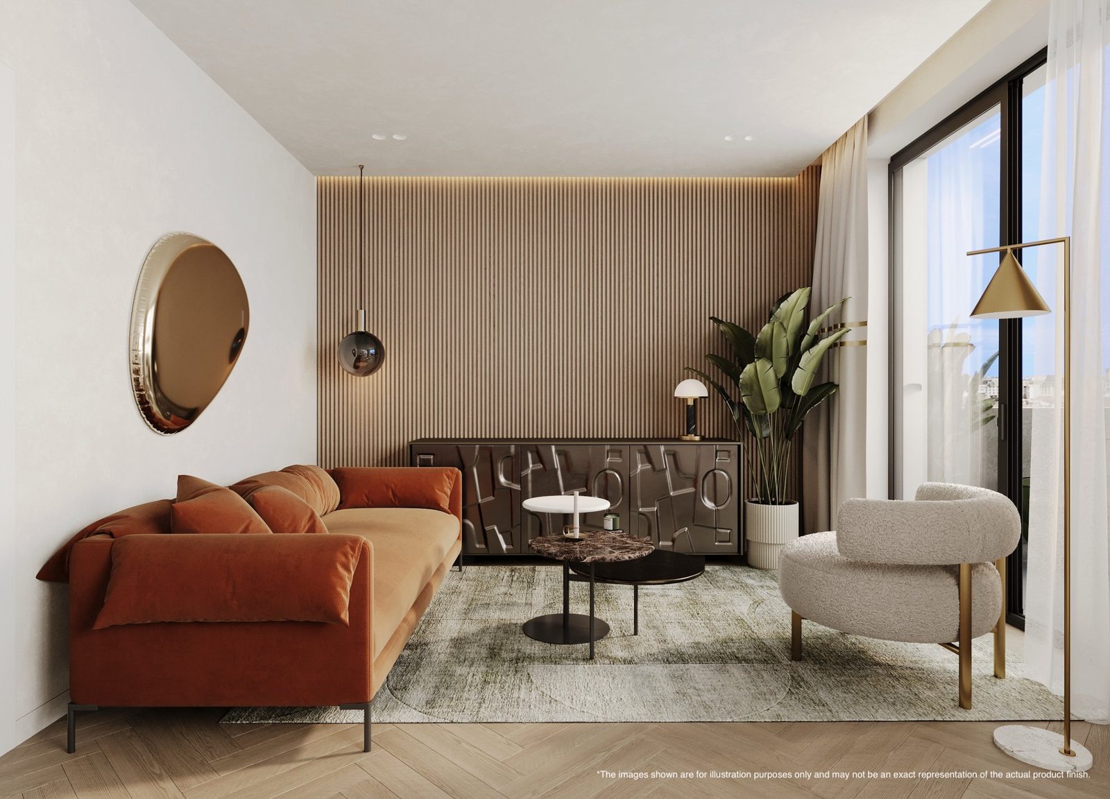 Modern living room with rust sofa, textured feature wall, designer furniture and marina views in a 2-bedroom apartment in Portixol - The Estates