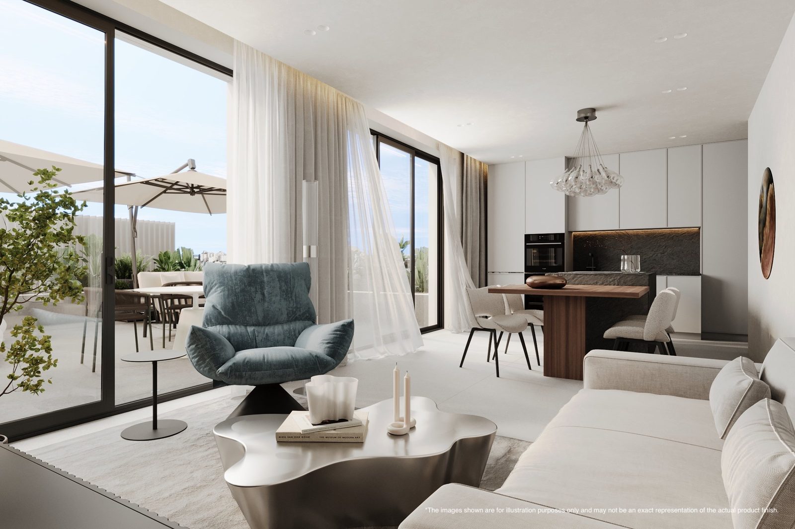 Open-plan living room, dining area and kitchen with terrace of a 2-bedroom apartment in Portixol - The Estates